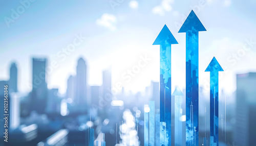 Blue Arrows Showing Upward Growth Over City Skyline.