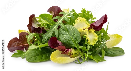 Fresh mixed green salad with leafy vegetables and water droplets on white background