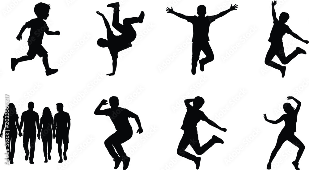 Fototapeta premium People Silhouette Collection with Jumping Dancing Running and Dynamic Human Action Poses Vector Set