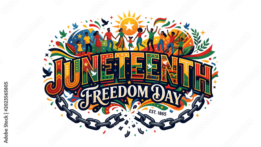 Fototapeta premium Juneteenth Freedom Day Celebration: A vibrant illustration celebrating Juneteenth, featuring diverse people dancing, raised hands, and colorful designs.