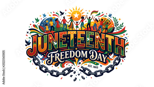 Juneteenth Freedom Day Celebration: A vibrant illustration celebrating Juneteenth, featuring diverse people dancing, raised hands, and colorful designs.