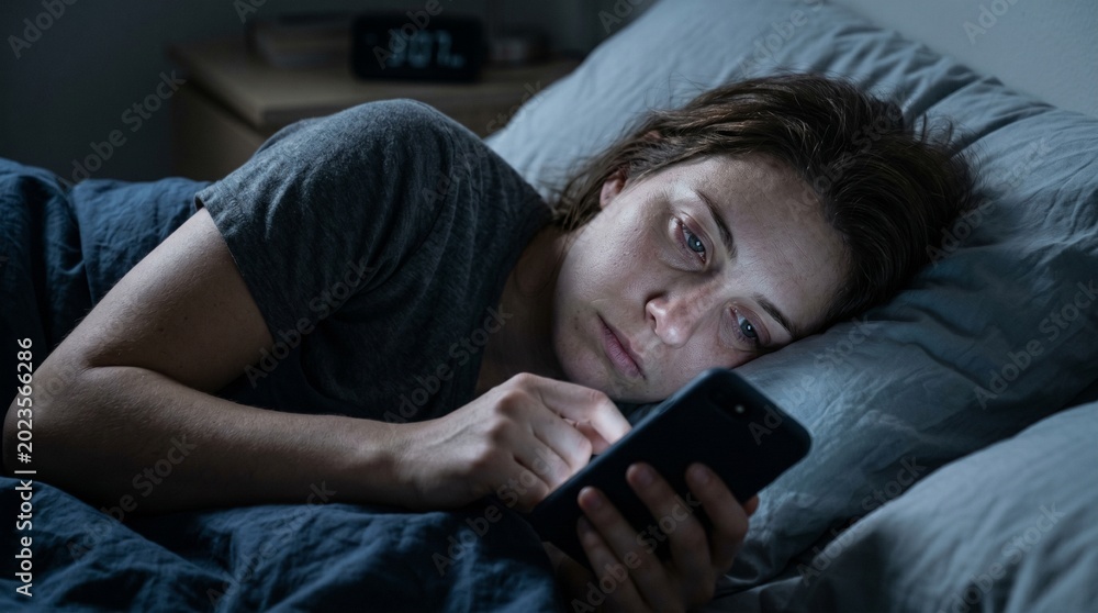 Fototapeta premium Modern Smartphone Addiction and Insomnia Concept Featuring Lonely Person Awake at 3 AM Surrounded by Darkness and Online Content