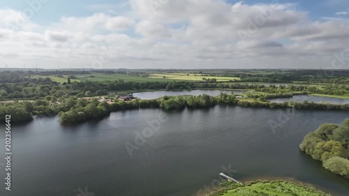 Aerial Drone View of Wide Lake Panorama at Stanwick Lakes Nene Valley Northamptonshire England