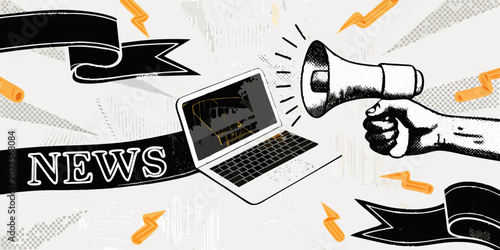 News announcement with laptop and megaphone illustrative style