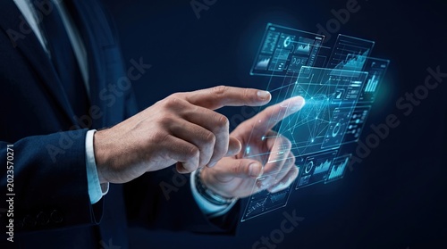 Businessman Interacting with Futuristic Digital Interface Visualizing Data Analytics Technology