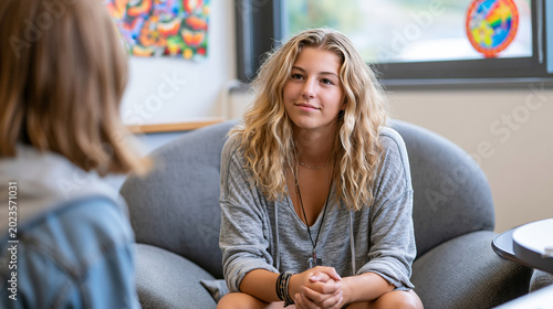 Engaged Young Adults in Emotional Conversation: Relaxed Office Setting with Vibrant Modern Decor