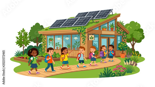 Bilde på lerret Eco-conscious Kids and a Sustainable Schoolhouse: A group of diverse children, eager and ready for learning