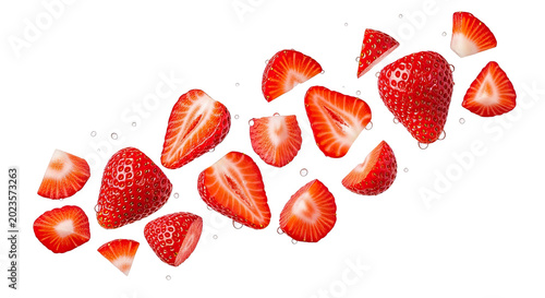 Several strawberry slices float in mid-air against a transparent background. The strawberries are vibrant red and have visible seeds.