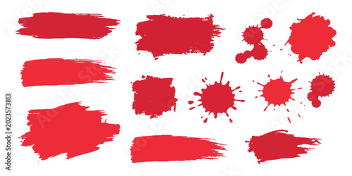 Obraz na płótnie Set of red paint brush strokes and ink splatters for creative graphic design pro