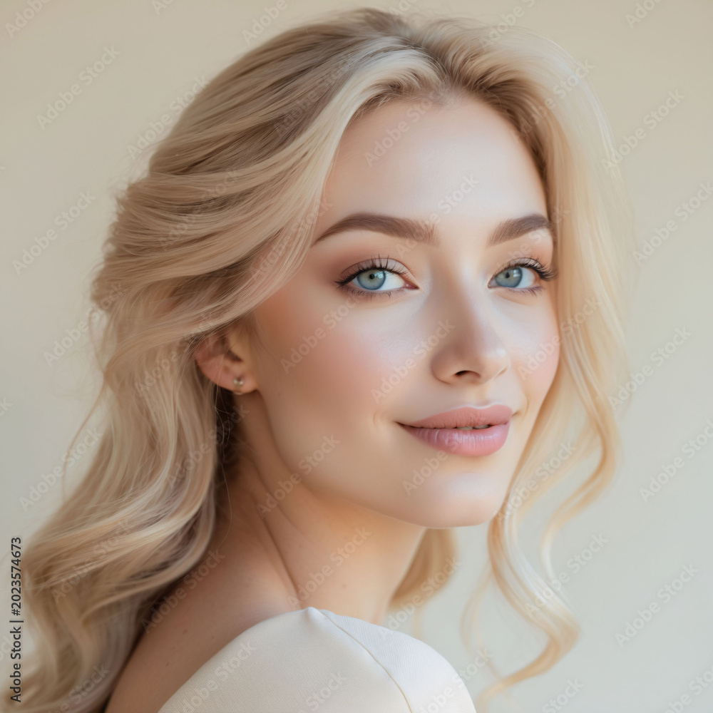 Naklejka premium Artistic blonde beauty portrait capturing flawless skincare elegance beside vibrant haircare promotional background visuals