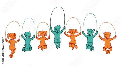 Tableau sur toile Colorful teddy bears jumping rope playfully.