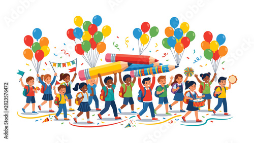 Tableau sur toile Back to School Parade: A vibrant procession of cheerful children, carrying oversized pencils and balloons, march with excitement toward a new school year, celebrating education and learning