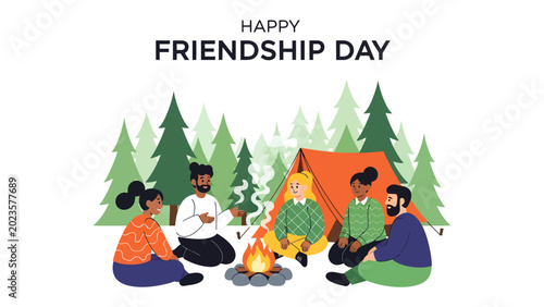 Quadro su tela Friends Celebrating Friendship Day: A diverse group of friends enjoys a campfire and tent in a forest, celebrating Friendship Day with warmth and camaraderie, surrounded by nature