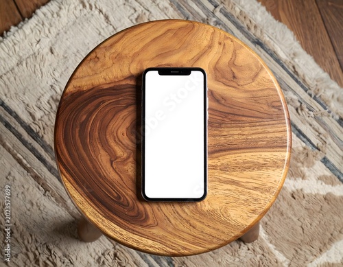 Smartphone with Blank Screen on Wooden Table