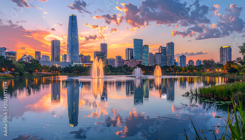 Beautiful Cityscape Reflection at Sunset with Fountains and Skyscrapers.