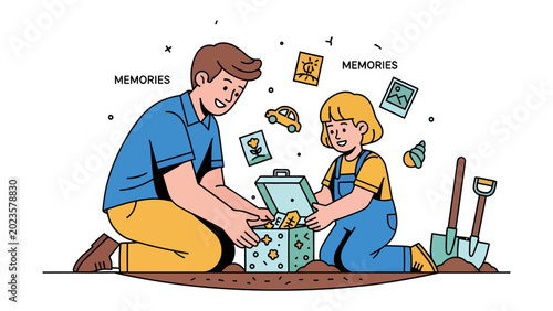 Εκτύπωση καμβά A Father and Daughter Unearth Memories: A heartwarming illustration of a father and daughter digging in the dirt, opening a treasure chest filled with photographs and trinkets