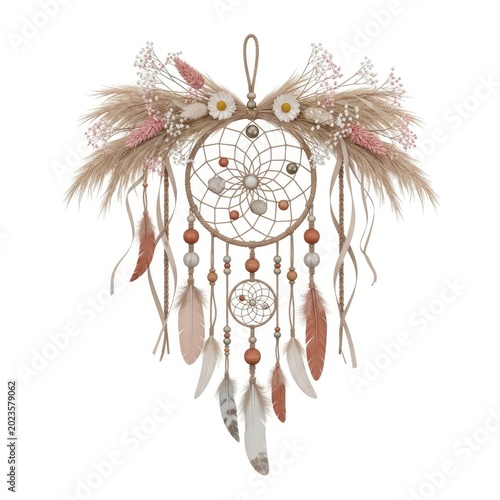 Boho Dreamcatcher with Feathers and Dried Flowers.