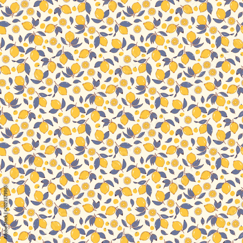 Fotografija Lemon pattern, Seamless pattern, ditsy fruit, fabric print in elegant style on light background, summer background floral, small soft ditsy lemon