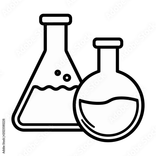 Laboratory flask and beaker with bubbling liquid flat design vector