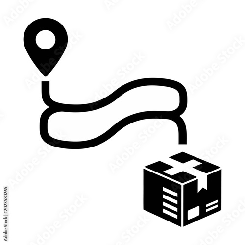 Location pin on winding road leading to moving box flat design vector