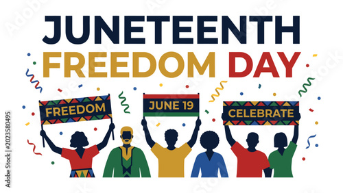 Tableau sur toile Juneteenth Freedom Day Celebration: A vibrant graphic depicting silhouetted figures raising signs celebrating Juneteenth, also known as Freedom Day
