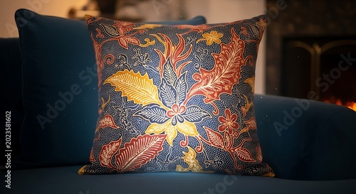 Obraz na płótnie Batik Pillow on Blue Couch.