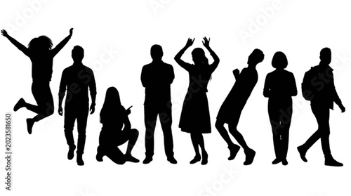 Silhouette people celebrating with different poses isolated on transparent background, Vector