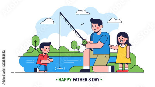 Fotografi Father's Day Fishing Trip: A father and his two children enjoy a peaceful fishing excursion by a tranquil lake, celebrating Father's Day with outdoor recreation and quality family time