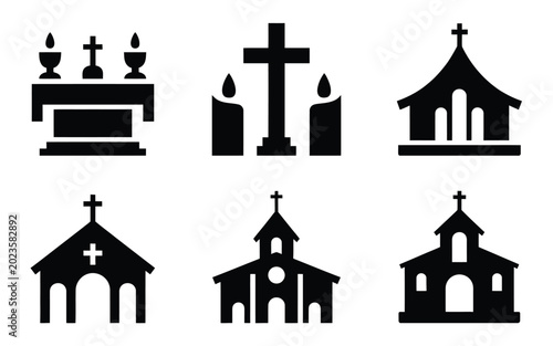 Bild auf Leinwand Black silhouette icons of religious symbols and churches including altar cross c
