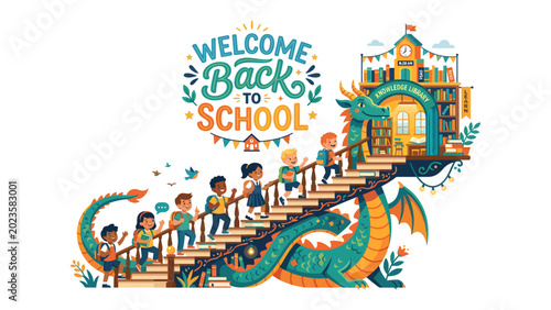 Fotografie Welcome Back to School Adventure: A whimsical illustration depicts a diverse group of children ascending a vibrant staircase, guided by a friendly dragon, towards a fantastical school building