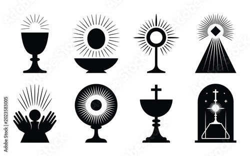 Bild auf Leinwand Sacred eucharist symbols featuring chalice monstrance and prayer icons with radi
