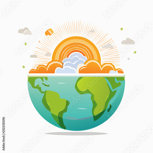 Stylized illustration of Earth's half-globe with a radiant sun and clouds, representing environmental protection, sustainable living, and the hopeful future of our planet