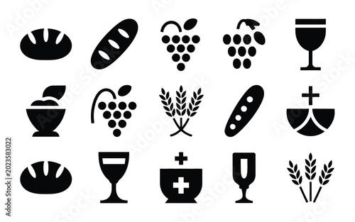 Obraz na płótnie Black silhouette icons depicting bread grapes wine wheat and religious symbols i