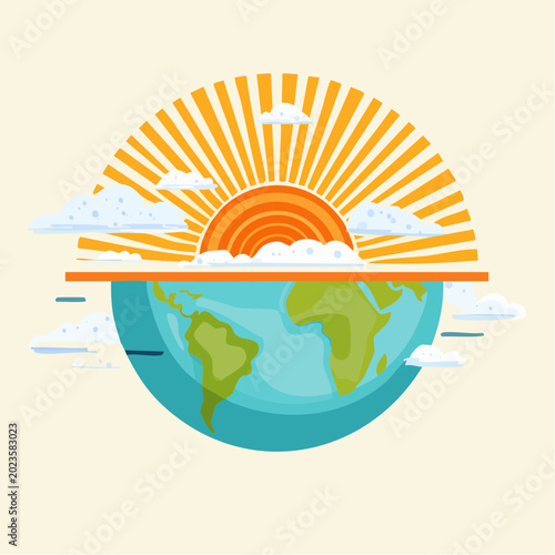 Vibrant flat illustration of Earth and a rising or setting sun, embodying global environmental protection, ecological harmony, and the cycle of nature's endless renewal