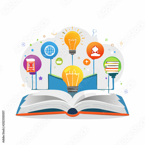 An open book with glowing light bulbs and icons representing knowledge, learning, and innovation