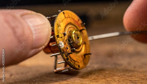 Close-up of hand assembling vintage germanium point contact transistor