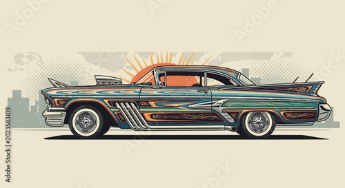 Tableau sur toile Stylized vintage custom car illustration with a retro sunset city background