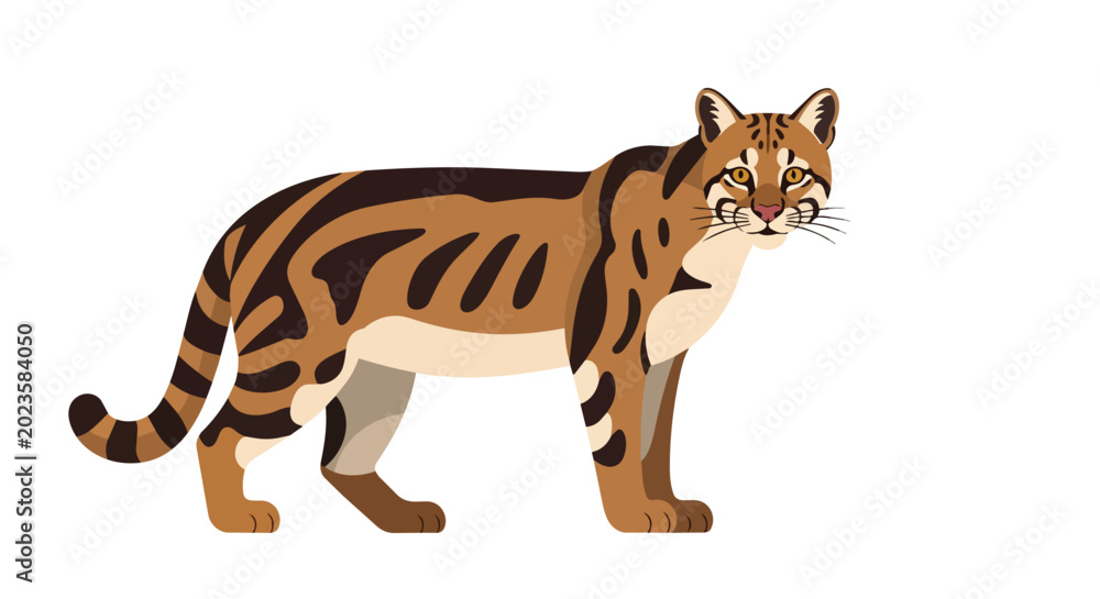 Obraz premium Exotic Marbled Cat Illustration with Unique Fur Pattern and Stripes Standing Isolated on White Background
