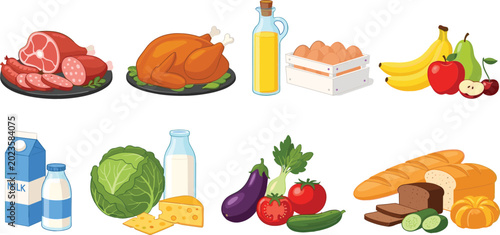 Foto Healthy food vector illustration set with meat, vegetables, fruits, dairy and br