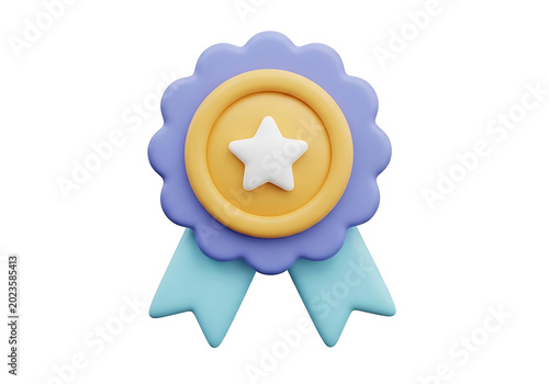 3D cartoon style golden star award badge with purple scalloped edge and blue ribbons symbolizing quality and achievement on white background achievement certificate guarantee warranty excellence