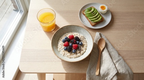 Morning Glow A Delicious and Healthy Breakfast Spread Bathed in Natural Sunlight for a Nutritious Start to the Day