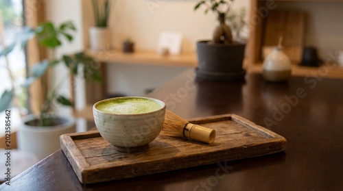 Freshly prepared vibrant green matcha tea and traditional bamboo tools on a rustic wooden tray, evoking calm