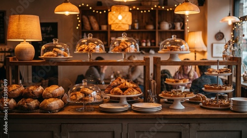 A tempting display of fresh artisan baked goods and pastries in a warm, inviting cafe ambiance, perfect for a delightful treat
