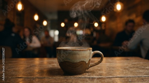 Steaming Coffee Cup on a Wooden Table in a Cozy Cafe Atmosphere