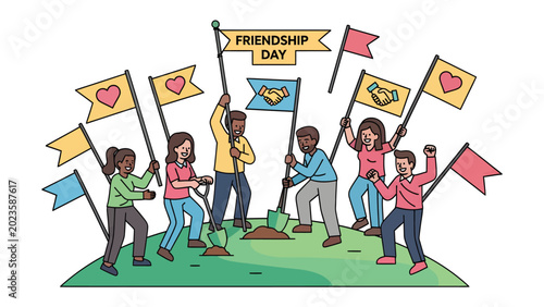 Valokuva Friendship Day Celebration: A vibrant illustration depicts a diverse group of people planting flags and digging on a grassy hill, celebrating Friendship Day with joy and camaraderie