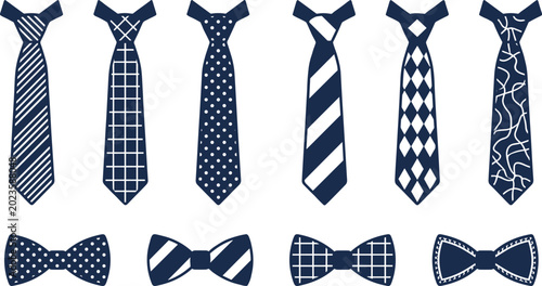 Set of various classic neckties and bowtie accessories isolated on white background flat
