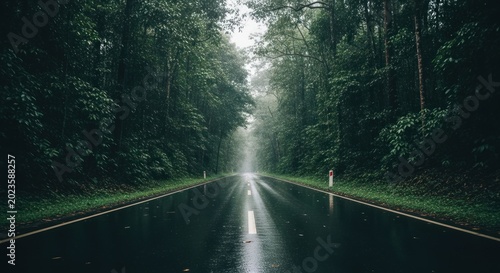 Wet asphalt road through a dense, misty rainforest.