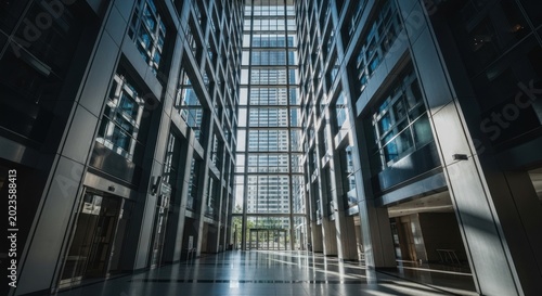 Modern office building interior with glass facade and natural light