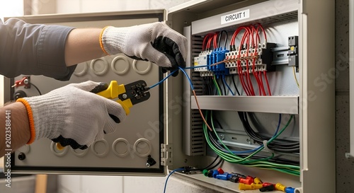 Electrician wiring electrical panel, installing cables, circuit, maintenance.