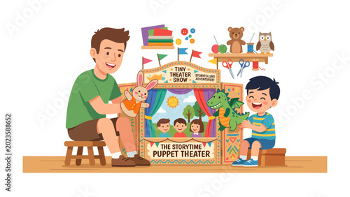 A Father and Son's Puppet Show: A heartwarming scene where a father and son joyfully put on a puppet show for their imagined audience.